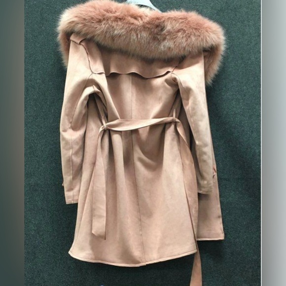 Vintage Y2K Pink Faux Fur and Suede Belted + Hooded Trench Coat - Picture 2 of 4